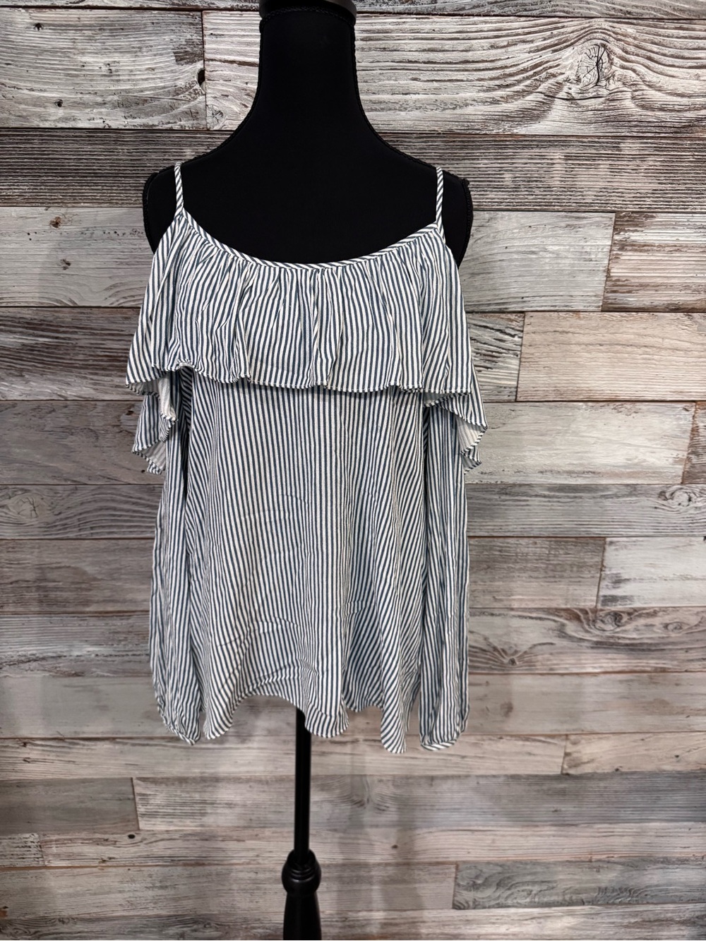 Soprano White and Navy Striped Cold Shoulder Ruffle Blouse